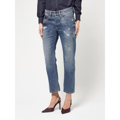 Boyfriend-Jeans GANG "94NICA CROPPED", Damen, Gr. 26, N-Gr, blau (cool destroy), Denim/Jeans, Obermaterial: 98% Baumwolle, 2% Elasthan, bequem knöchelfrei, Jeans, mit geraden und verkürzten Beinverlauf