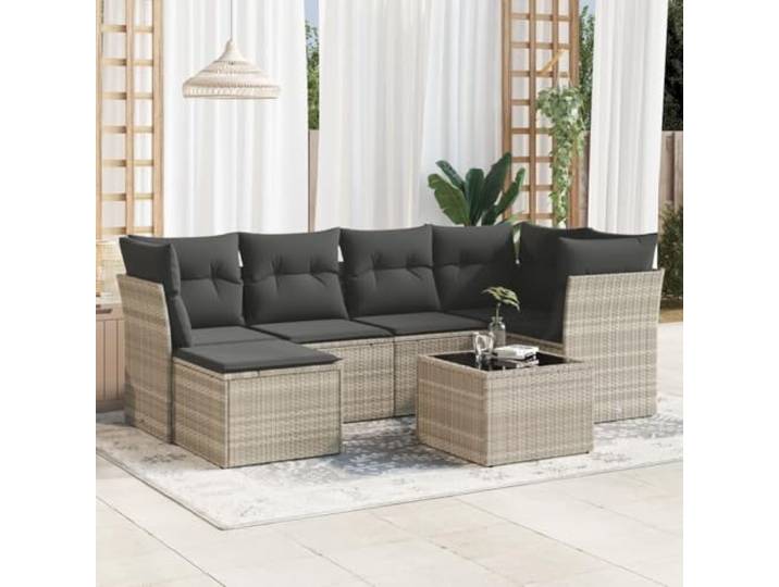Résine tressée lavable salon jardin canapés gris clair 7 pièces Salon de jardin 7 pièces avec coussins gris clair résine tressée pour terrasse patio, ensemble modulable canapé extérieur