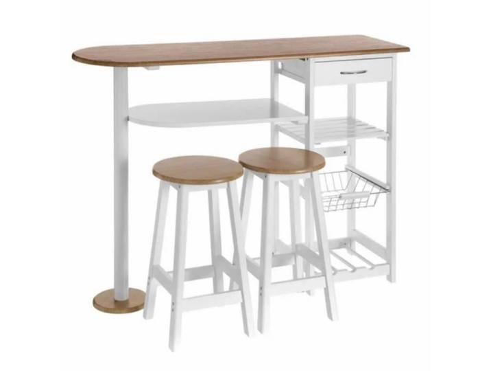 Ensemble de table et 2 tabourets de bar - JUANIO - 120x37x89 cm - Blanc/naturel - MDF - Rangement intégré