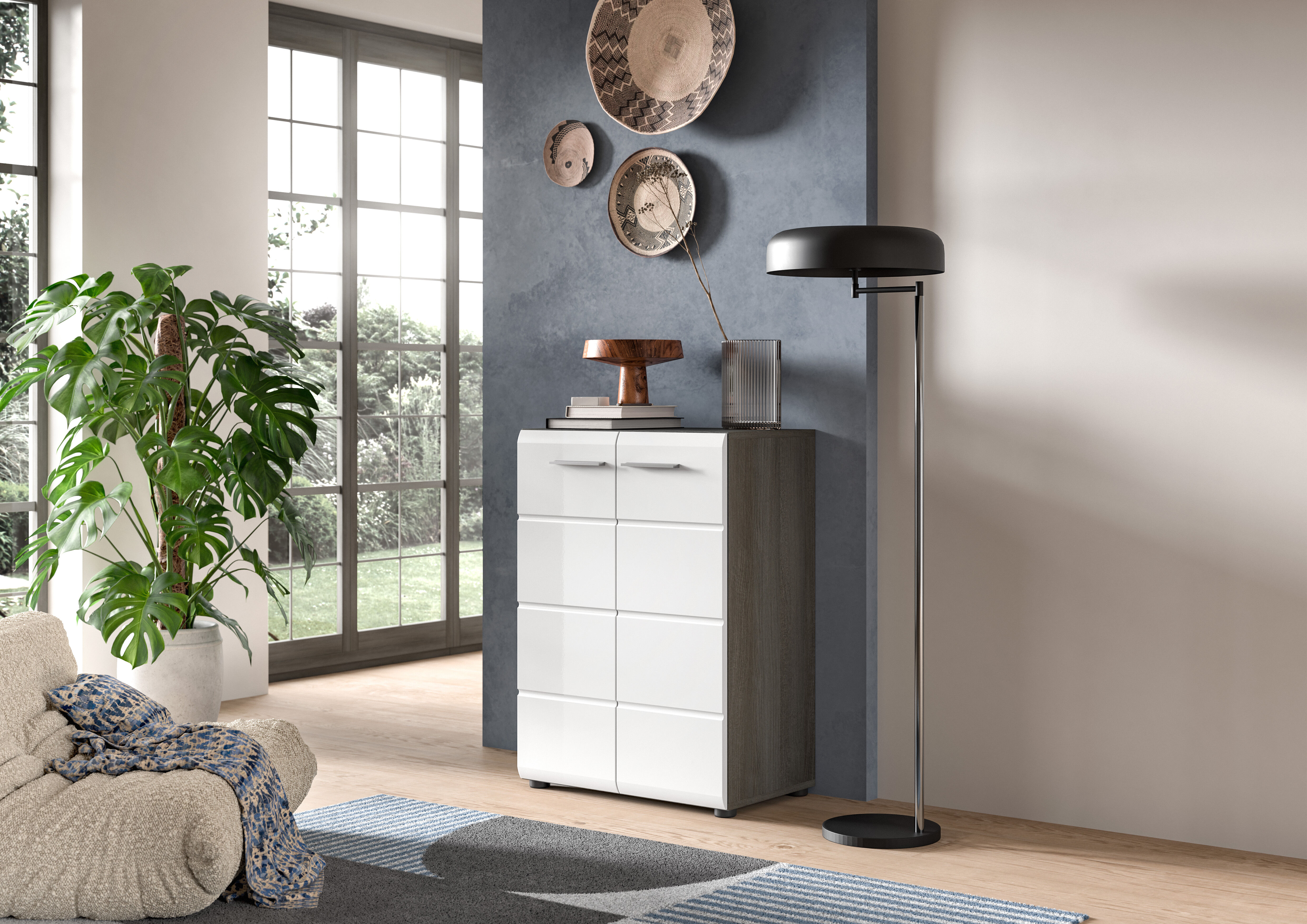 Kommode HOME AFFAIRE "Rumba, Breite 60cm, in Rauchsilber Nachbildung/ Weiss Hochglanz", grau (rauchsilber nachbildung, weiß hochglanz tiefzieh), B:60cm H:85cm T:37cm, Sideboards, Kommode, Kommode, Sideboard, Schrank rauchsilber nachbildung, weiß hochglanz