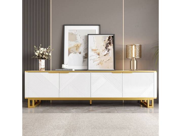 Meuble TV - DREAMMESPACE - 160x37.5x48cm - 4 portes - Design géométrique - MDF Blanc