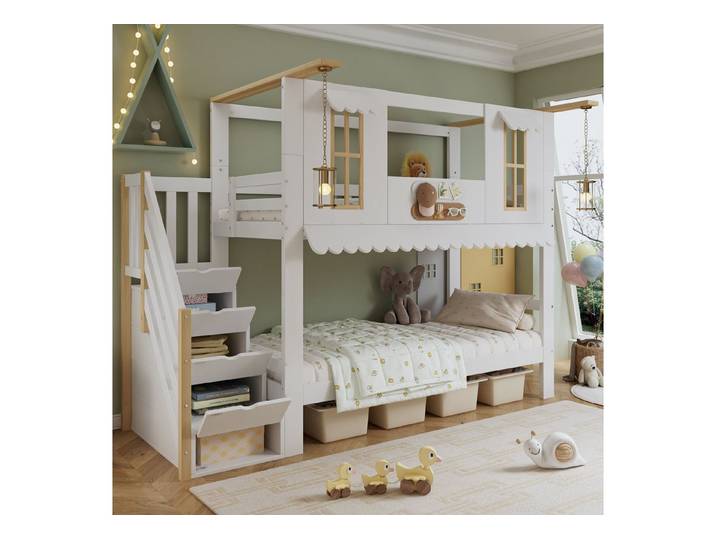 Merax Etagenbett (Kieferholz Hausbett Stockbett, 1-St), Kinderbett 90x200cm mit Aufbewahrungstreppe Fenster Dachrand Dekofilz