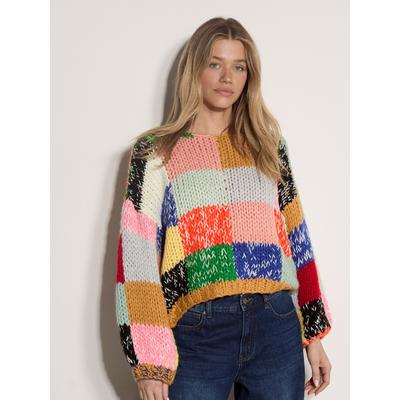 Strickpullover APRICOT "Patchwork-Pullover", Damen, Gr. L, bunt (assorted), Strick, , Modisch, oversize Normale Länge, U-Boot-Ausschnitt, Pullover Strickpullover, in Grobstrick