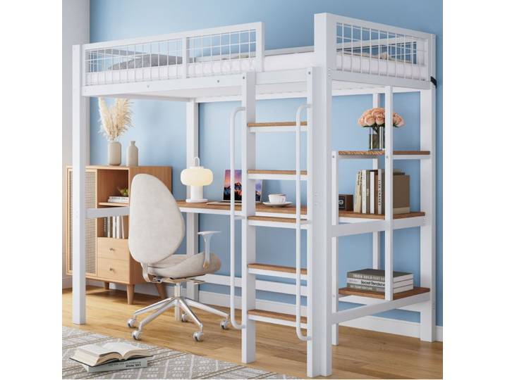lit superpose bureau etageres 90x200 metal bois blanc naturel chambre enfant EVRYAE