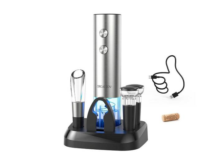 Elektrischer Weinkorkenzieher 6-teiliges Set Edelstahl mit Ladestation und Zubehör, Silberfarben, Metall, 27.1 cm, Barzubehör & Weinzubehör, Barzubehör