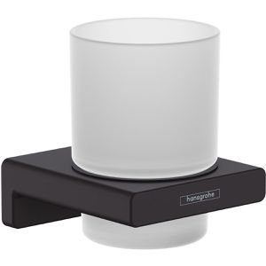hansgrohe Zahnputzbecher AddStoris 41749670, satiniertes Glas, zum Bohren, Wandhalterung schwarz, 250 ml