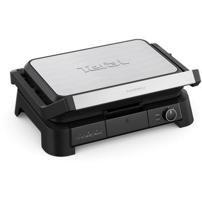 Kontaktgrill TEFAL "SuperGrill 3in1 XL, Grill, Barbeque-, Ofenposition, 3 Temperaturen", schwarz (gebürsteter edelstahl, schwarz), B:45cm H:17,5cm T:38cm, Kontaktgrill_Standgrill_Tischgrill_Teppanyakigrill, spülmaschinengeeignete Platten, Grillen...