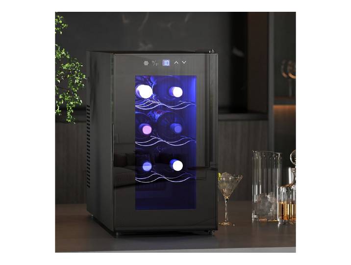 HOMCOM Weinkühlschrank Einzelzonen-Kühlschrank, für 8 Standardflaschen á 0,75l,LED-Beleuchtung, UV-beständig, niedriges Geräusch