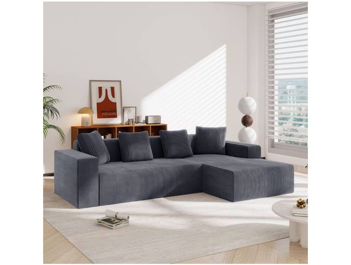 VUENOR Canape d angle modulable 261x146x65 cm gris velours cotele - assise profonde sans montage
