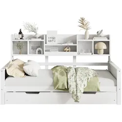 OKWISH Multifunktionsbett 90×200 aus Kiefernholz mit ausziehbarem Bett, Stauraum, Lattenrost, Ablagefächern, stabil, langlebig, Weiß
