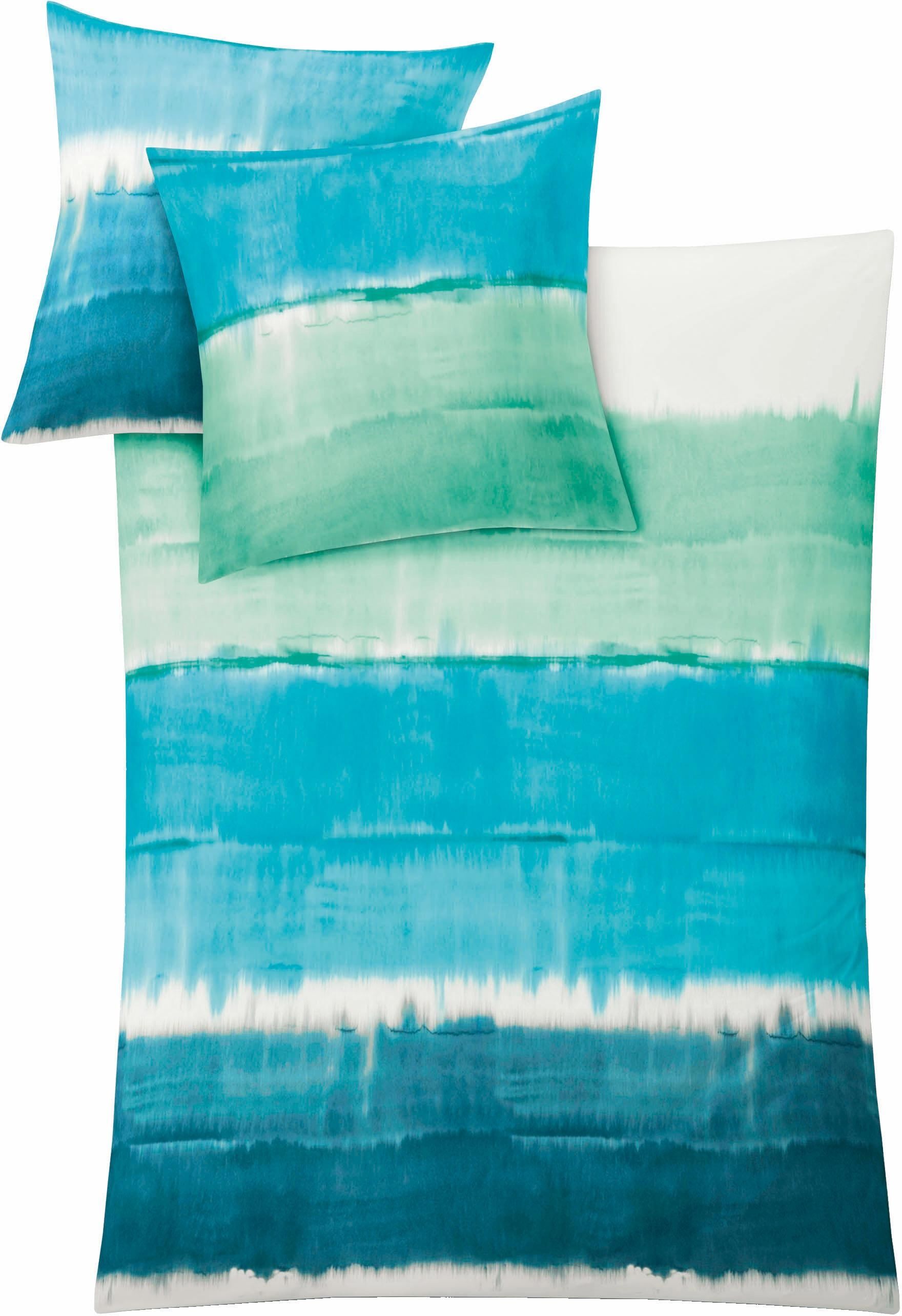 Bettwäsche KLEINE WOLKE "Long Beach", blau (türkis), B/L: 135cm x 200cm, 1 Stk., 1 Stk., Mako-Satin, B/L: 80cm x 80cm, 2 Stk., Mako-Satin, Obermaterial: 100% Baumwolle, Bettwäsche, Bettwäsche, mit breiten Streifen
