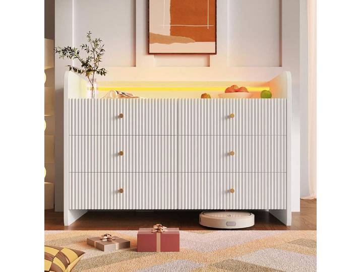 Buffet commode avec éclairage LED et 6 tiroirs design ondulé armoire moderne 120x40x75cm Blanc
