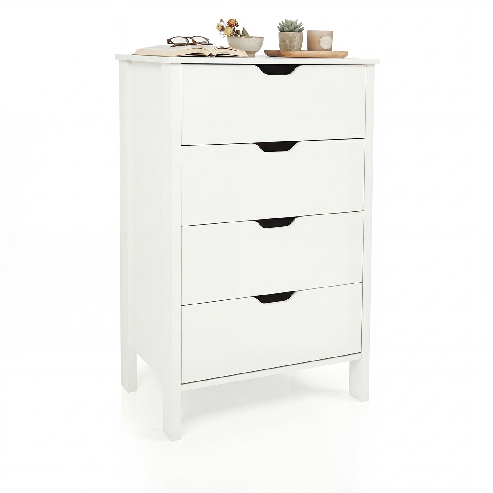 Costway Moderne Ladekast met 4 Lades en Uitgesneden Handgrepen in Wit voor de Woonkamer of Hal