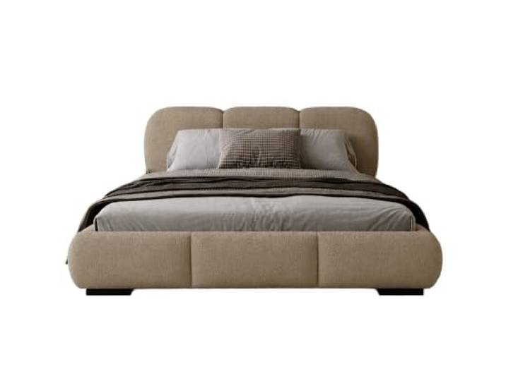 Chilly. Möbel Design Bett Savona - Komfort Polsterbett mit weicher Form und Stauraum - 200x200 cm - Metallrahmen - Bouclé Dunkelbeige