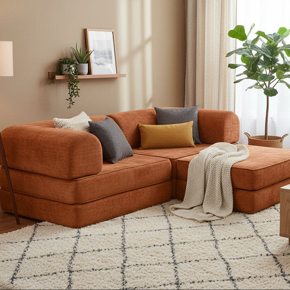 17 Stories 3 Seater Velvet Sofa Bed Orange Velvet 70cm H X 180cm W X 100cm D