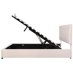 OKWISH Polsterbett 140x200 cm mit hydraulischem Stauraum, Metallrahmen, 24 Latten, weicher Samtstoff, modernes Plattformbett, Cremeweiß