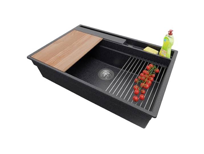 PRIMAGRAN Spülbecken ab 80er Unterschrank + Ablauf-Set, 78x53cm Set: Ablauf-Set (Siphon, Ablaufgarnitur, Überlauf) + Granitspüle 1 Becken - Oslo Pocket, Anthrazit
