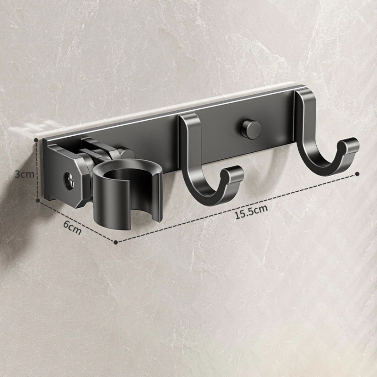 INF Duschkopfhalterung mit zwei Haken, Aluminiumlegierung, bohrfrei oder gebohrt, 180° verstellbar, rostfrei Schwarz