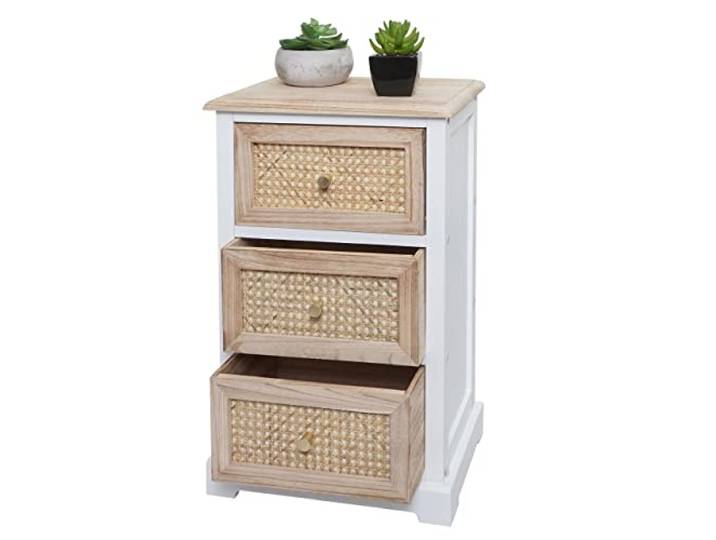 Mendler Kommode HWC-K87AM Holz Rattan 63x40x28cm - weiß, naturfarben Schubladenschrank, Schrank