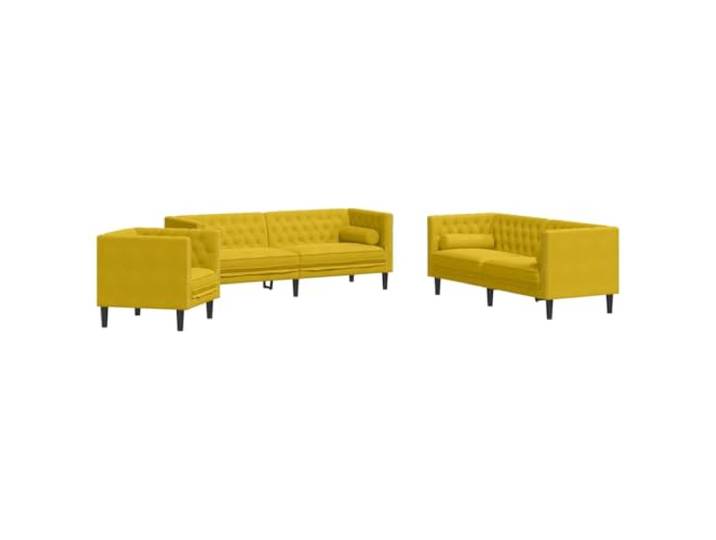 GHVBNMF 3-TLG. Chesterfield Sofa Set mit Samtbezug & Nackenrollen Gelb Eleganter Samt-Polstersessel und Couchgarnitur mit dicker Schaumstoff-Polsterung fuer stilvolle Wohnzimmer.