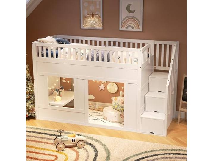 Merax Etagenbett 90x200 cm, mit Treppenschrank, multifunktionales Kinder Hochbett mit umbaubarem Spiel- und Schlafbereich unten, großem Stauraum, Weiß, einfache Montage, (ohne Matratze)