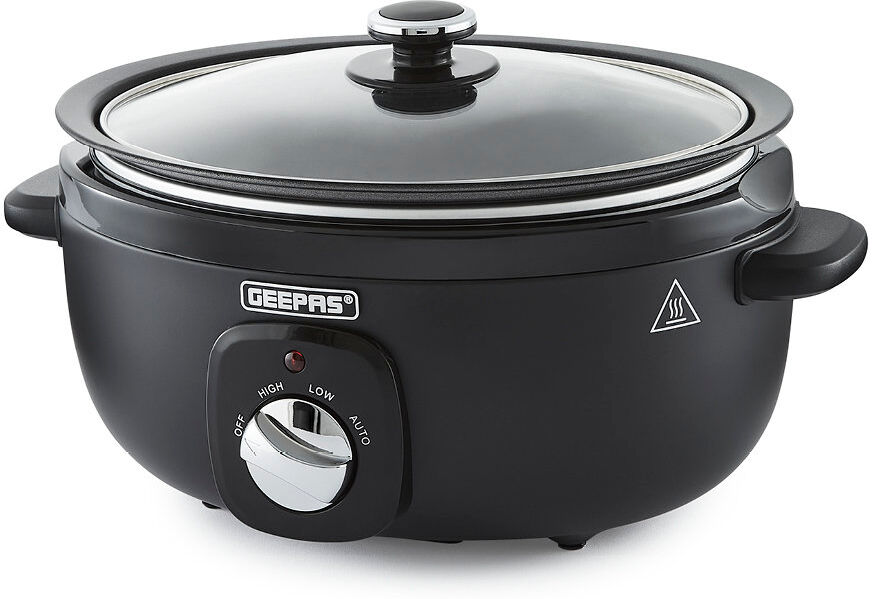 GEEPAS Slow Cooker   3 Temperature Settings, Removable Easy-Clean Aluminum Bowl   Tempered Glass Lid & Cool Touch Handles, Chalkboard Design   2 Year Matte Black 6.5 Qt.