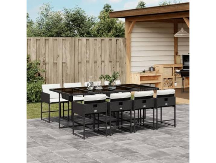 KTHLBRH 9-teiliges Gartenmöbel-Set mit schwarzen Kissen Strapazierfähiges Polyrattan, Glastisch, Klappstühle, waschbar, für Terrasse