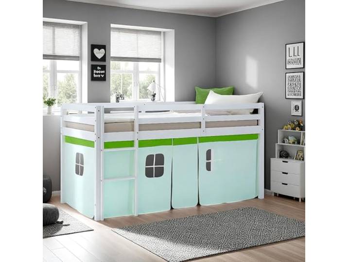 Homestyle4u Hochbett 90x200 Kinder Jungen Weiß mit Vorhang Grün Kinderbett Stabiles Kinderhochbett aus Kiefer massiv, inklusive Leiter und Rausfallschutz, idealer Spielraum mit Stoffvorhang