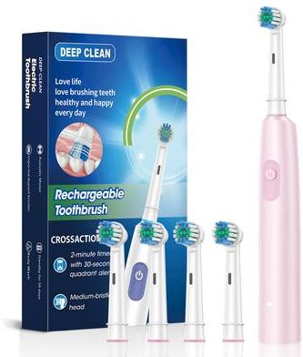 Lush Living Finds Rechargeable Electric Tooth Brush For Adults, Rotary Cleaning With 8 Brush Heads, 5 Modes, Long Lasting Battery Power pink 4 Heads