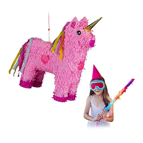 Relaxdays Pinata Eenhoorn voor kinderen, Roze-Pink, B/D/H: 47 x 43 x 13 cm