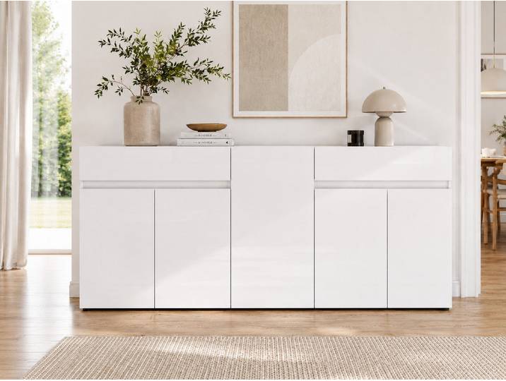 Sideboard HOME AFFAIRE MISTER, Kommode, Schrank, Anrichte, Breite 225 cm, Made in Italy , weiss (weiß), B:225cm H:80cm T:38cm, Sideboards, Sideboard, 5 Türen, 2 Schubladen, Hochglanz lackiert, 225/80 cm