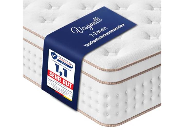 Vesgantti Matratze 160x200 cm, H3 Taschenfederkernmatratze fürs Bett 26 cm Höhe · 7-Zonen-Unterstützung · atmungsaktiver Komfortschaum · 100 Tage Probeschlafen · OEKO-TEX Produktklasse 1