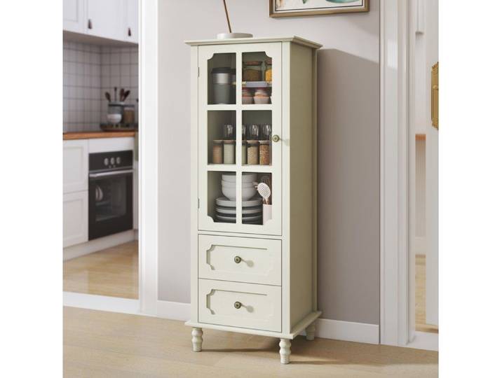 ROVRYN Buffet haut étroit vitrine 50 x 40 x 133 cm 2 tiroirs MDF laqué UV blanc crème