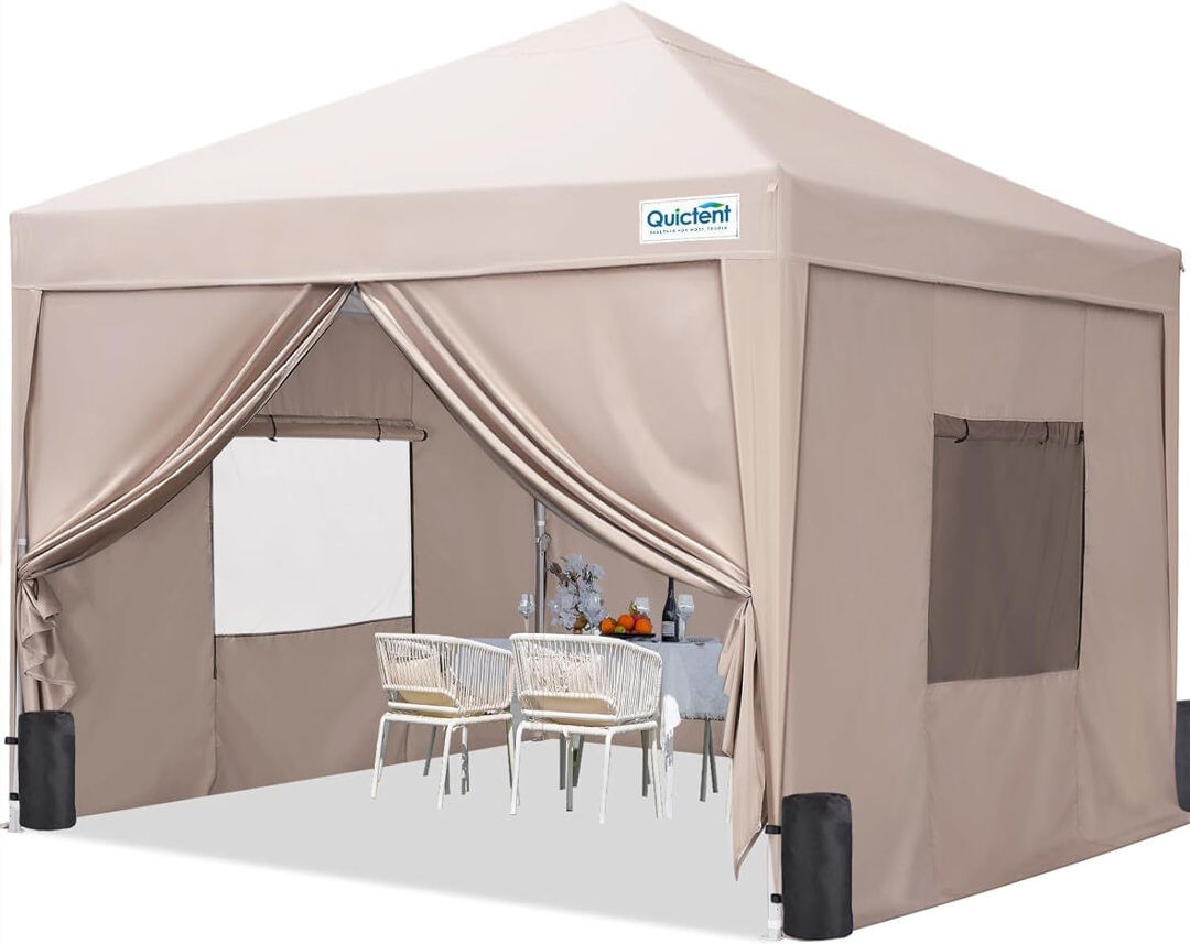Quictent 3x3m (10x10ft) Pop Up Canopy Gazebo with Mesh Window Sidewalls, Adjustable Height Event Shelter, Portable Tent for Garden Party, Camping, Bei Beige