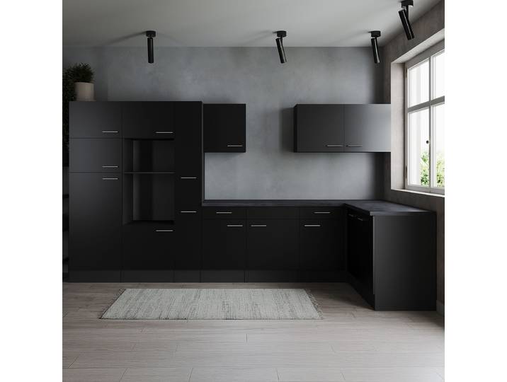Premium Eck-Küchenzeile Oliver 370 cm 370 x 205 x 172cm Schwarz/Schwarz ohne Elektrogeräte