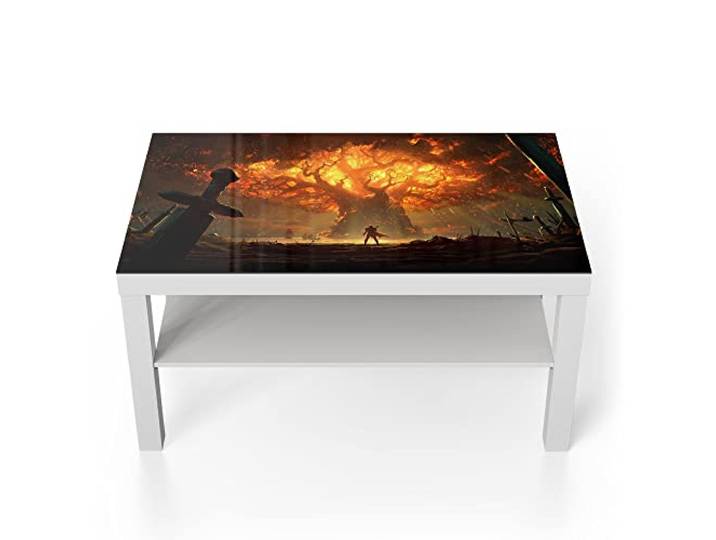 DEQORI Glastisch weiß groß 90x50 cm Motiv Brennender Weltenbaum WoW ausgefallener Beistelltisch aus Glas Hochglanz Couchtisch fürs Wohnzimmer moderner Couch Tisch mit Design