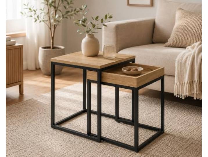 Best For Home Couchtisch Eichenholz, Mit Schwarzen Beinen Quadratischer Tisch Platzsparend & Stabil Eiche Tisch Moderne Couchtische Für Wohnzimmer Satztisch-Set 2-teilig