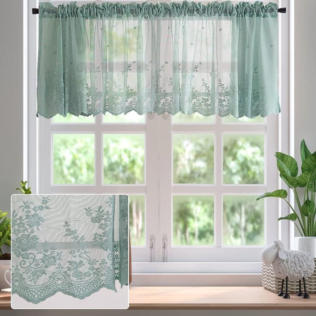 Groen Vitrage Keukengordijn met Jacquard Borduurwerk - Halftransparant Bistrogordijn - Breedte: 130 cm