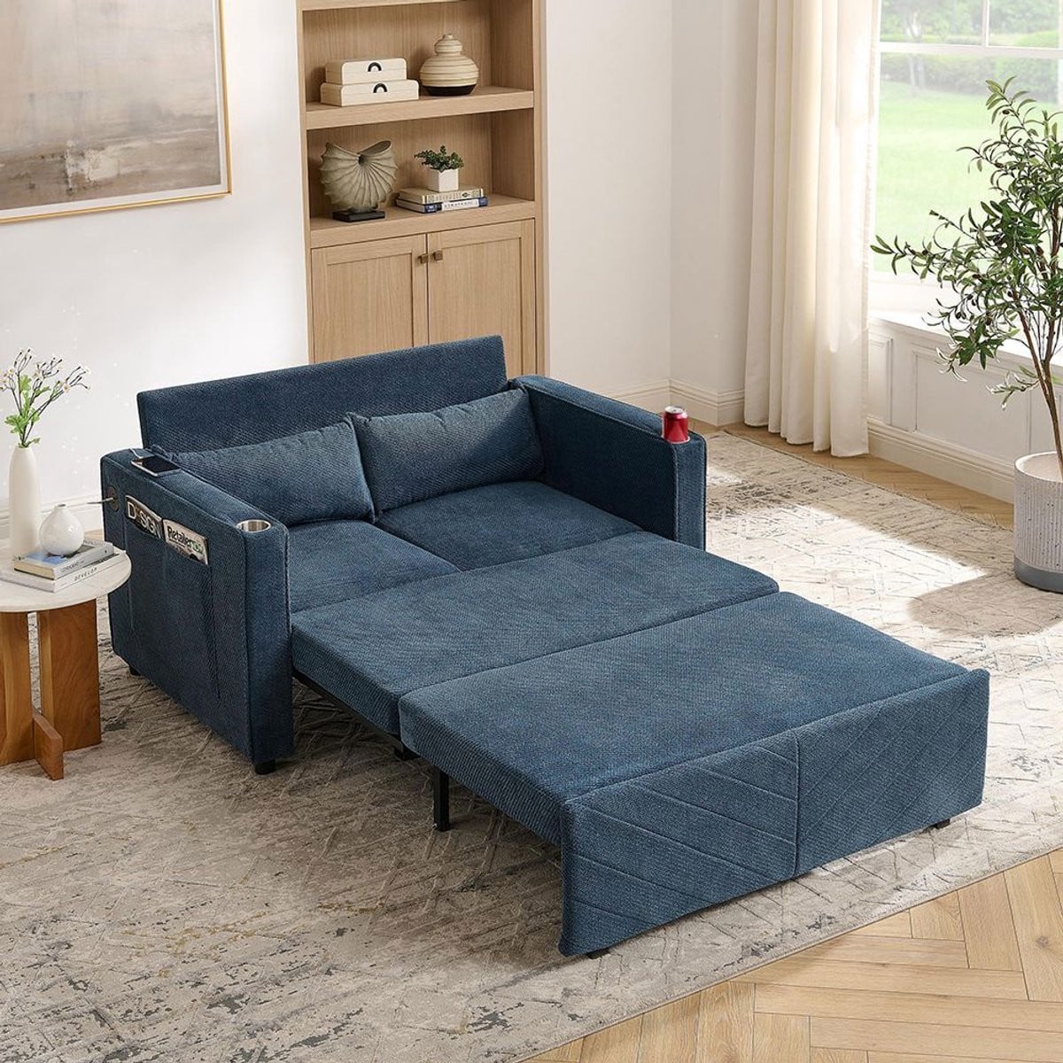 KOMHTOM Moderne 3-in-1 slaapbank voor 2 personen met USB-oplader, Marineblauw