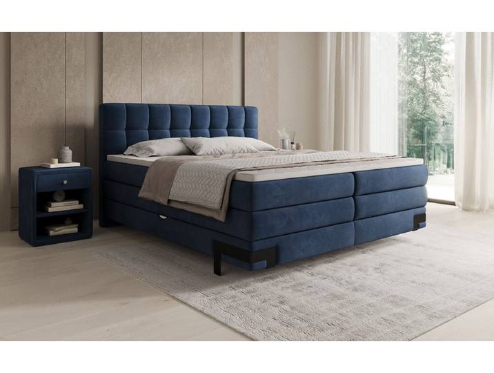 Boxspringbett Isabell mit Stauraum in Samt - 140x200 - Blau - H2 (bis 70kg) - Luxusbetten24