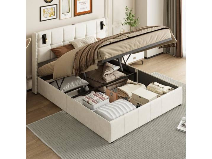 Lit coffre - DREAMMESPACE - 140x200cm - Velours beige - 2 lampes de lecture - Vintage