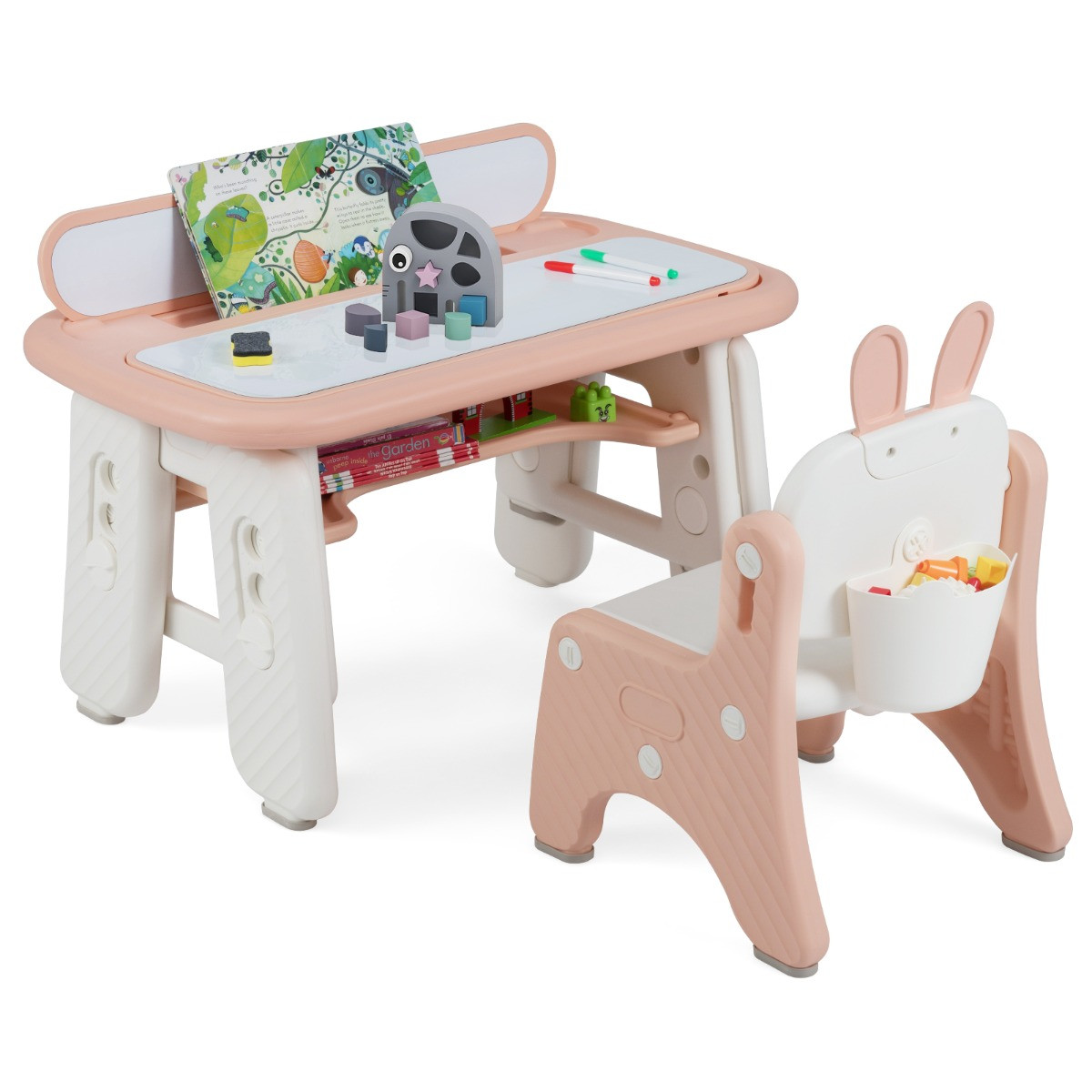 Costway Kindertafel en Stoelset met Opklapbaar Boekenrek, Roze