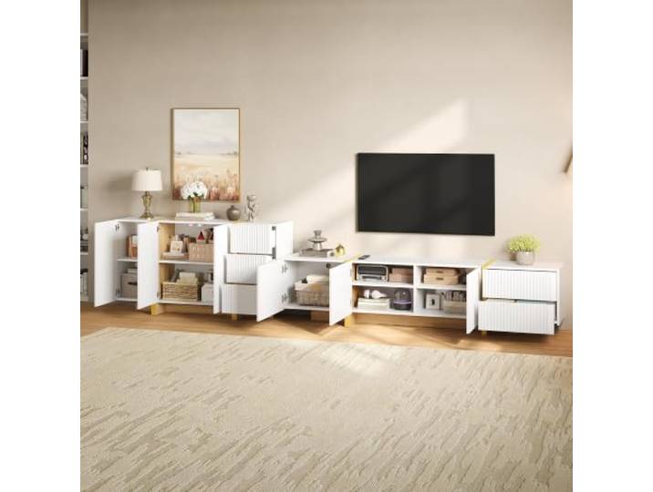 DUlVBPE TV Lowboard Sideboard Set Wohnzimmermöbel Rillenfront Stauraumschrank Medienkonsole Schrankkombination aus PB und MDF