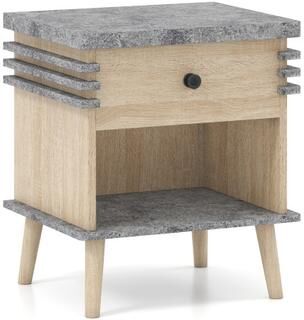 Costway 3-Tier Bedside Table Nightstand with Antique Grey Faux Marble Top-Grey