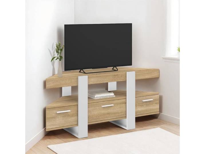 IDMARKET Meuble TV 110 cm d'angle PHOENIX avec tiroir bois et blanc