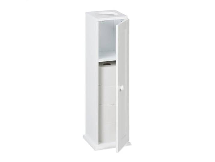 Relaxdays Armoire Salle de Bain pour Papier Toilette\, Trou lingettes humides\, HxLxP : 65x19\,5x19\,5 cm\, Porte\, MDF\, Blanc