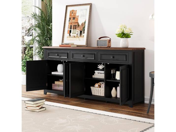 STILVORA Sideboard mit drei Schubladen und vier Türen, Anrichte mit verstellbaren Trennwände, mit schlichten schwarzen Griffen, Schwarz