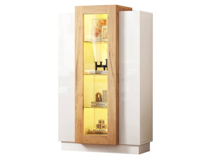 Armoire de salon 74*40*120cm avec 3 portes, vitrine haute brillance avec LED, bibliothèque avec étagères en verre et tiroir