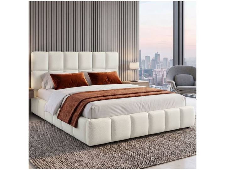 Ensemble de literie - TECTAKE - lit rembourré complet teddy mousse confort 2 niveaux base bois acier 180 x 200 cm - crème