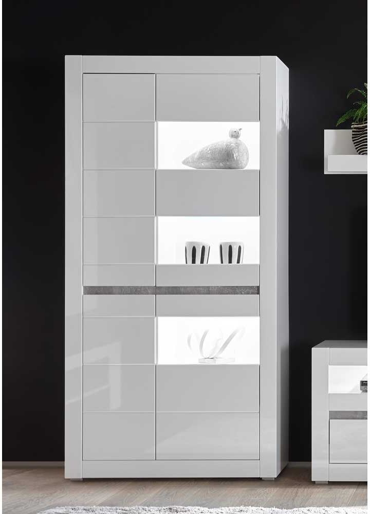 Pharao24.de Wohnzimmervitrine in Weiß Hochglanz und Beton Grau 100 cm